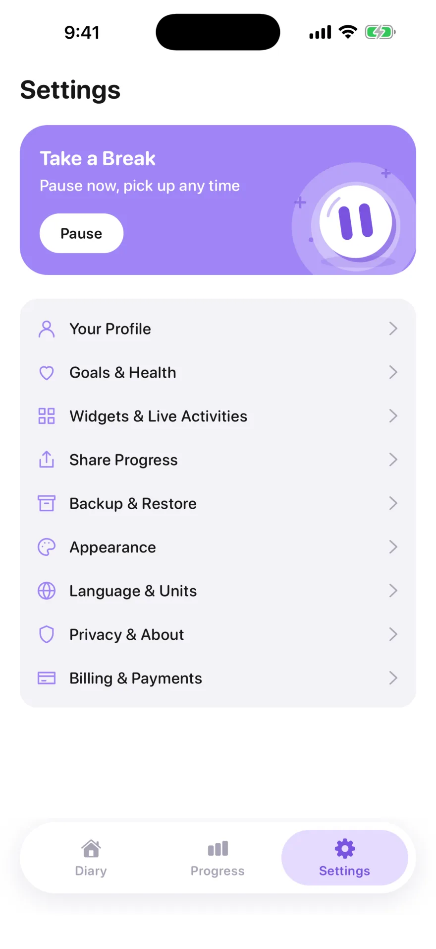 Jabwise Settings with the Take a Break banner and its Pause button