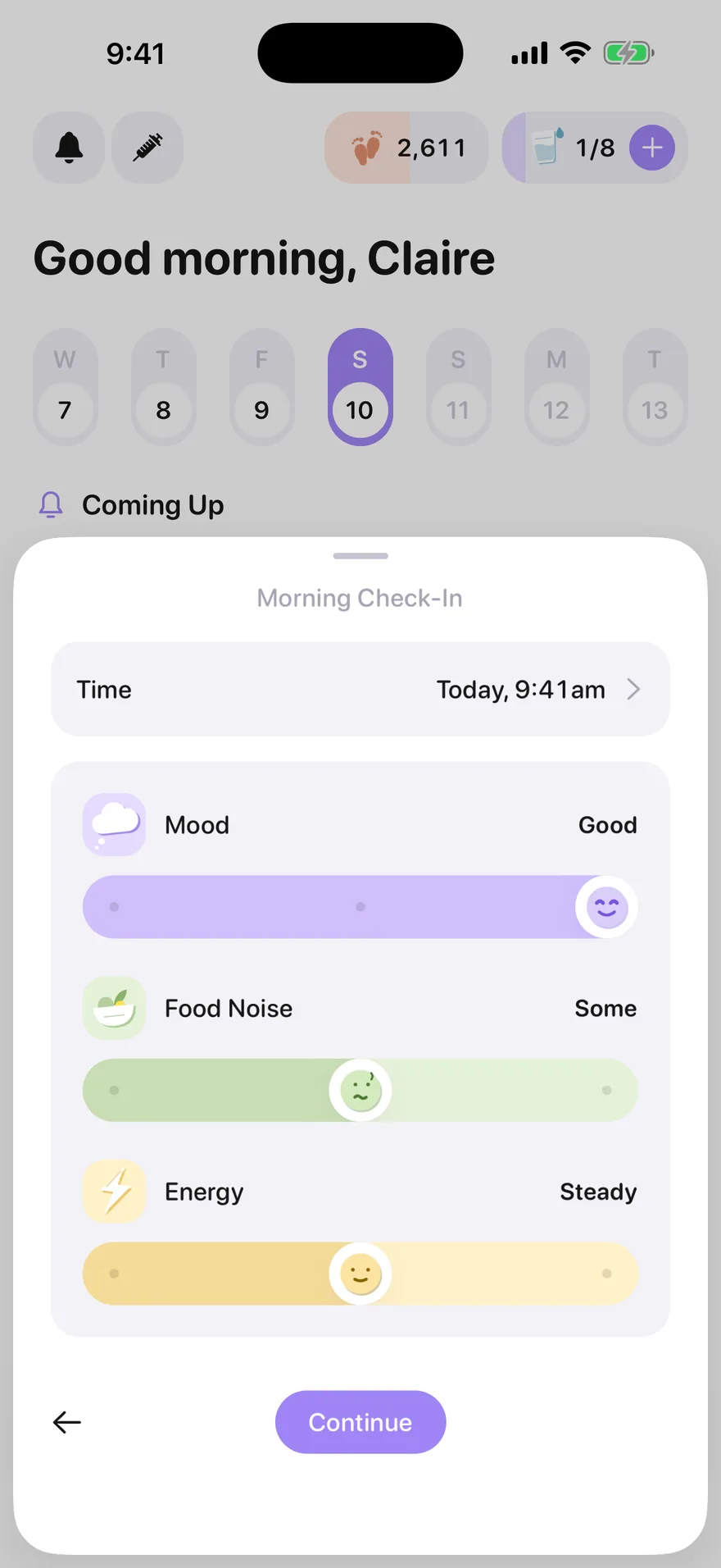 Jabwise morning check-in with sliders for mood, food noise and energy