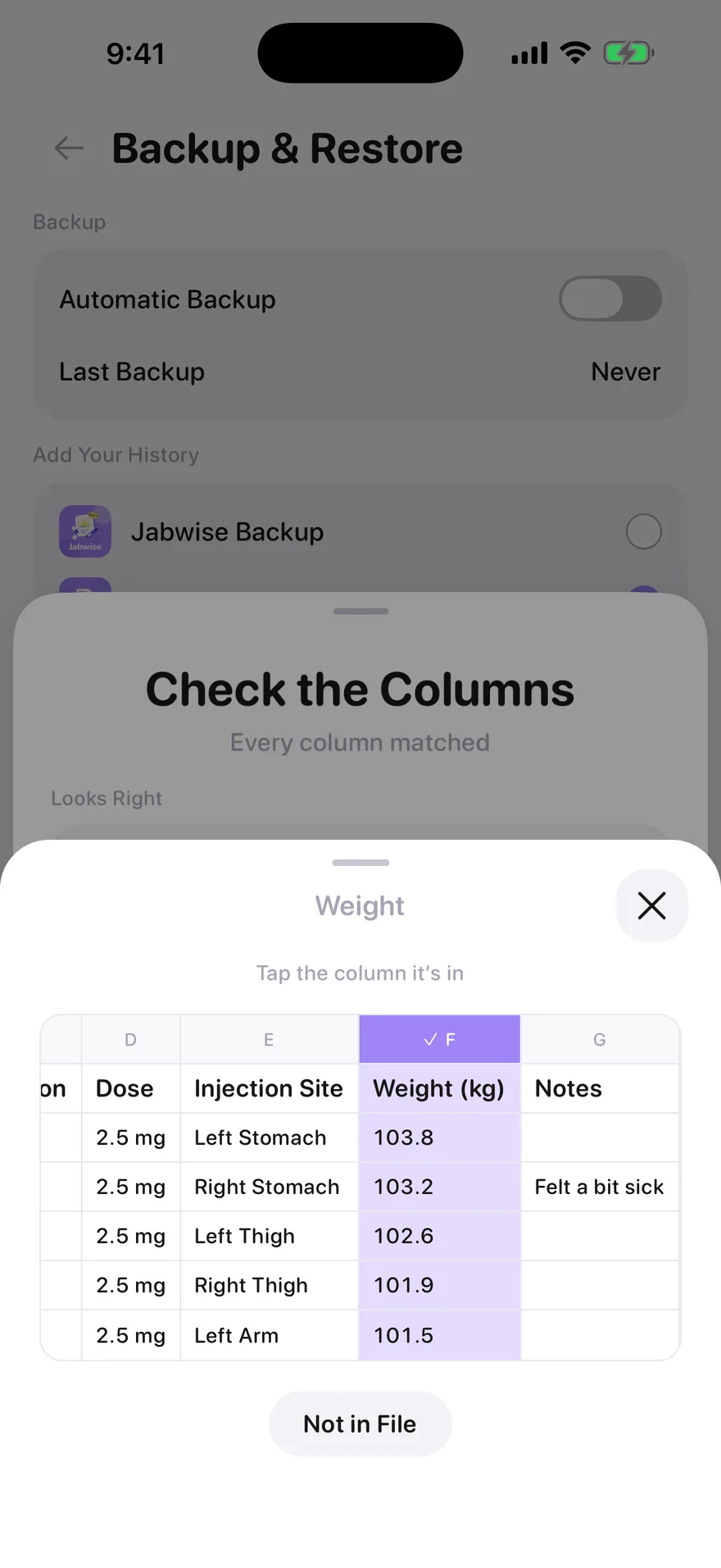Jabwise reading an imported spreadsheet, with the Weight (kg) column picked out beside the dose and injection site columns