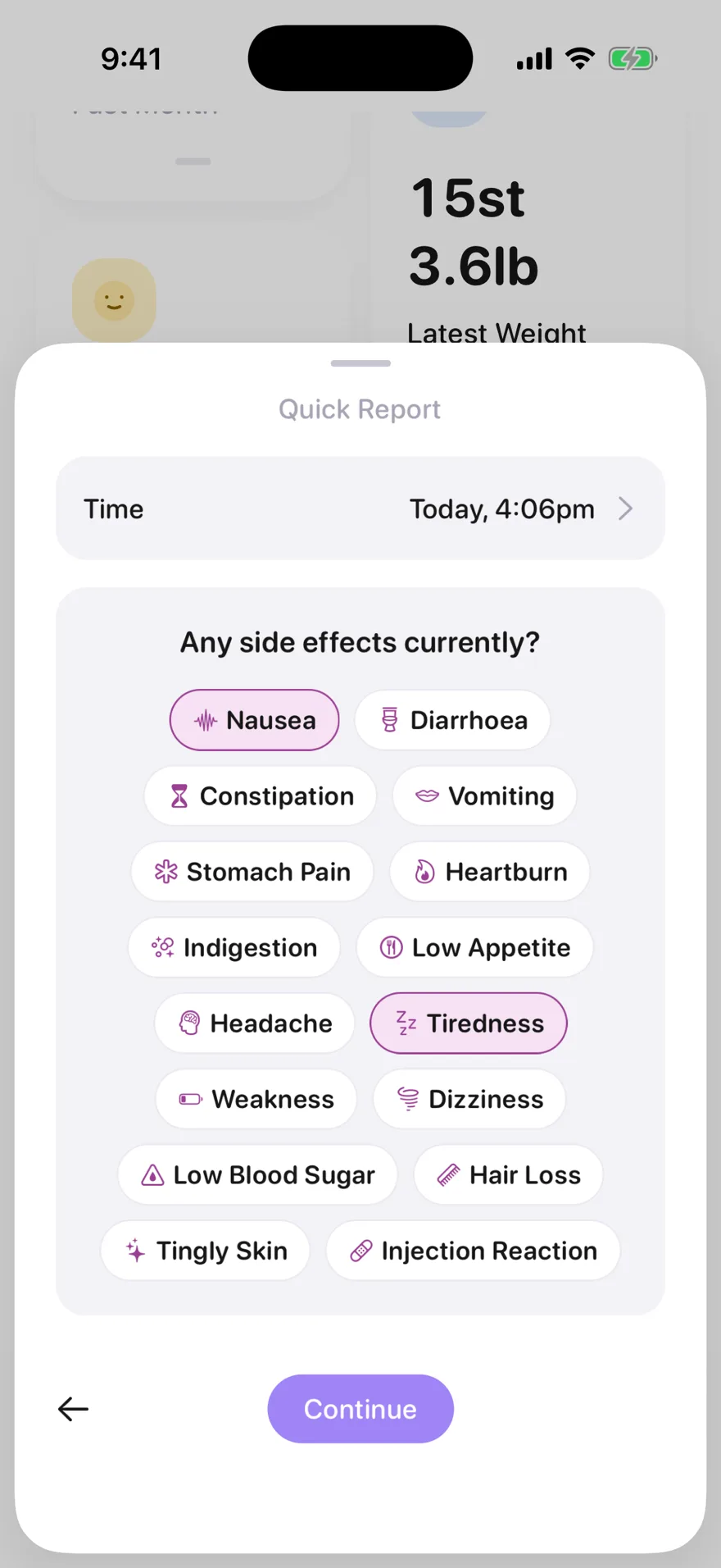 Jabwise Quick Report asking about side effects, with Nausea and Tiredness picked